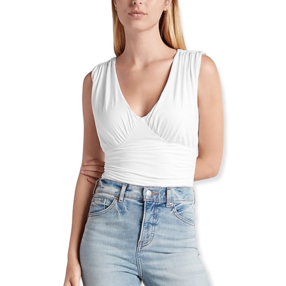 EXPRESS White Body Contour Double Layer Empire V Neck Thong Bodysuit M NWT